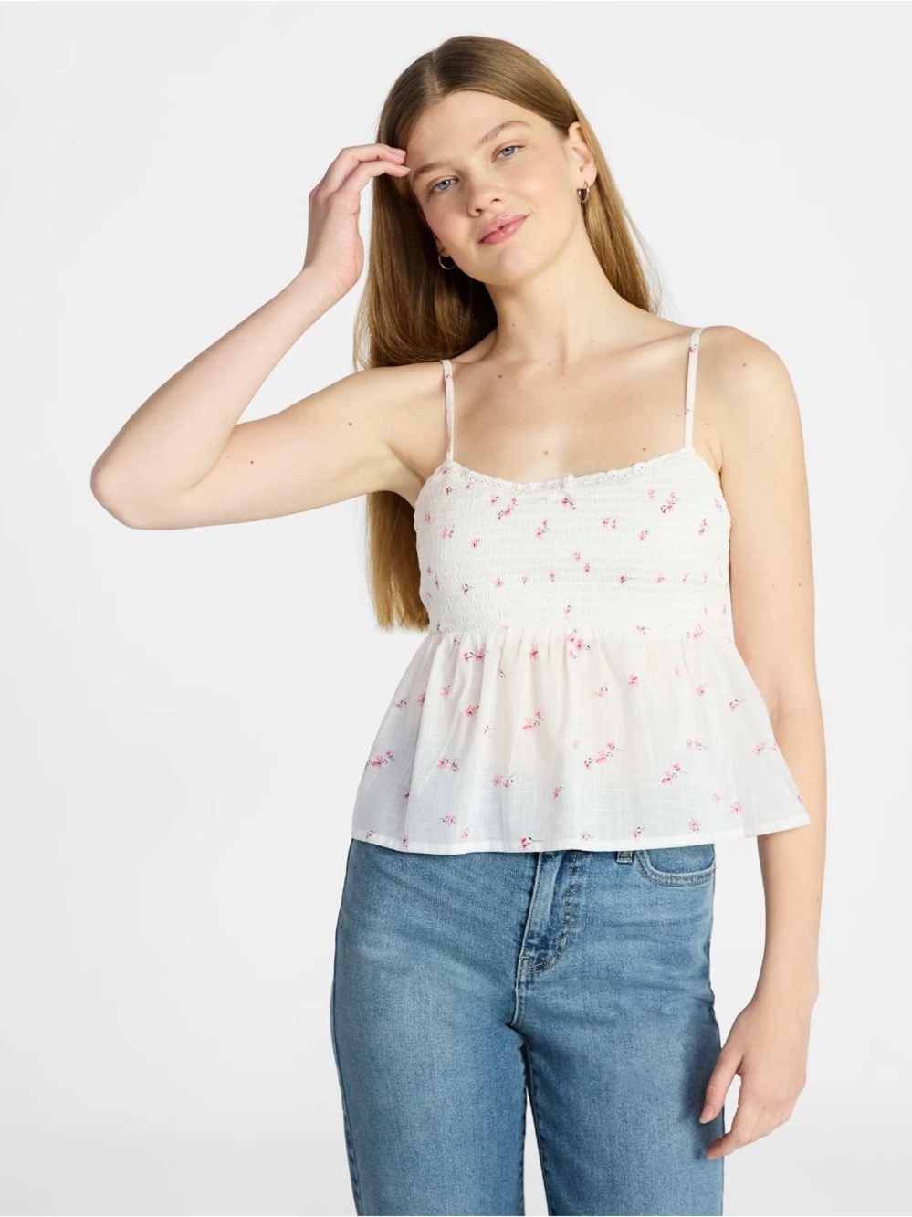 NWT Women’s No Boundaries Cotton Smocked Baby Doll Tank Top Winter White Size M